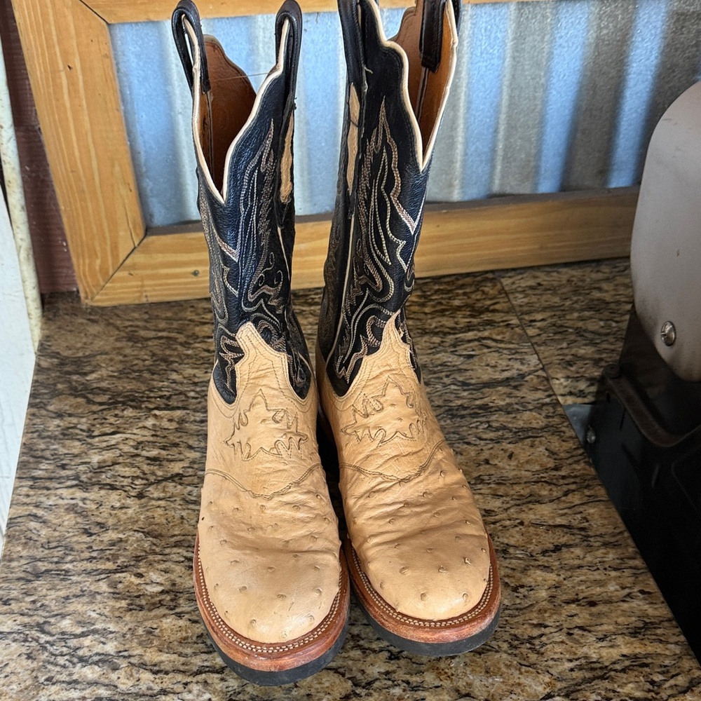 Lucchese Cream and Black Ostrich Western Boots
